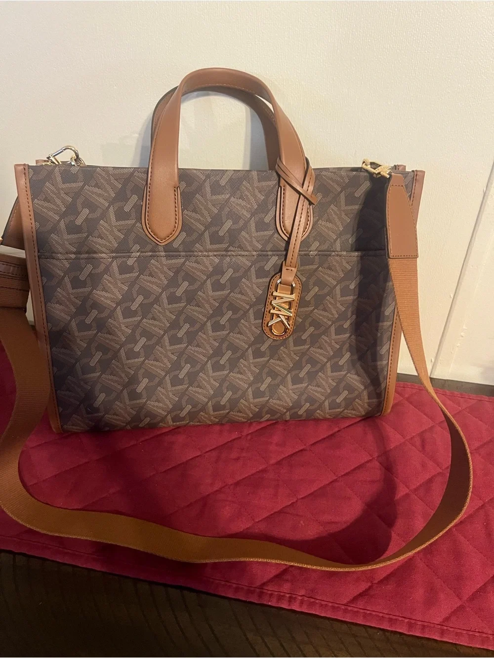 Michael Kors Brown Monogram Tote with Tan Leather Accents